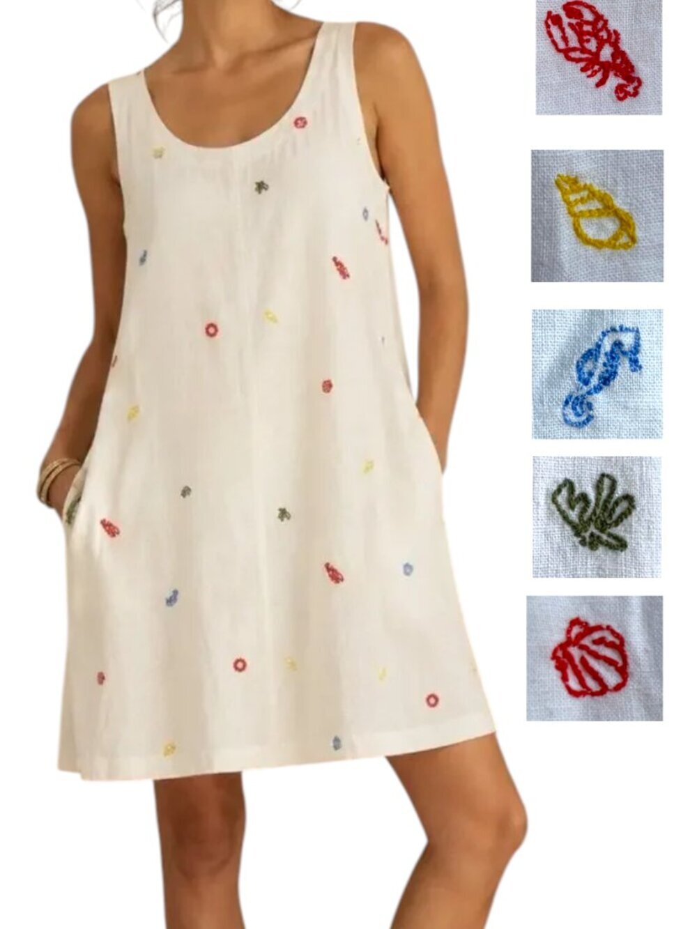 C&C California Linen Blend Embroidered Lobster Coastal Shift Dress Pockets Small